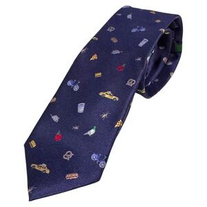 NWT Tommy Hilfiger Vintage Novelty Necktie Mens‎ Navy Blue Taxi Bike Food Print